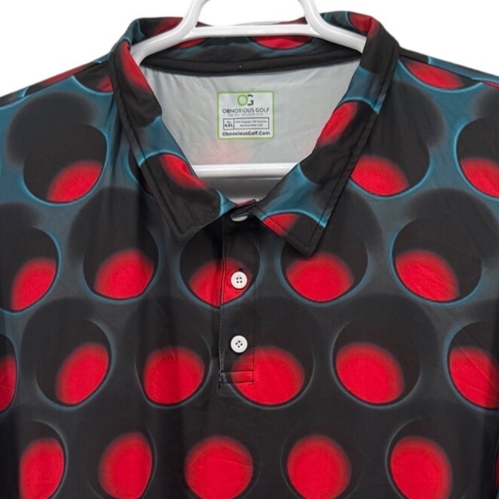 Obnoxious Golf‎ Mens 4XL Polo Shirt Red Black 3D Polka Dot Short Sleeve Stretch